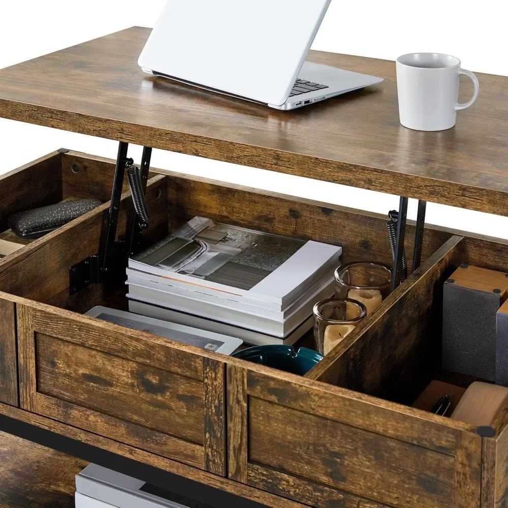 Rustic Lift Top Coffee Table w/Hidden Compartment & Open Shelf, Lifting Tabletop Coffee Accent Table for Living Room 6