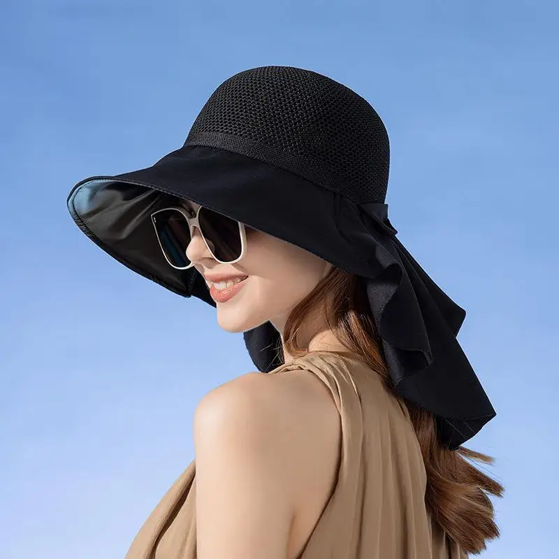 Summer Women Bucket Hat with Shawl Lightweight Breathable Mesh Face Neck Protection Sun Hat Bow Pleat Design Travel Beach Cap