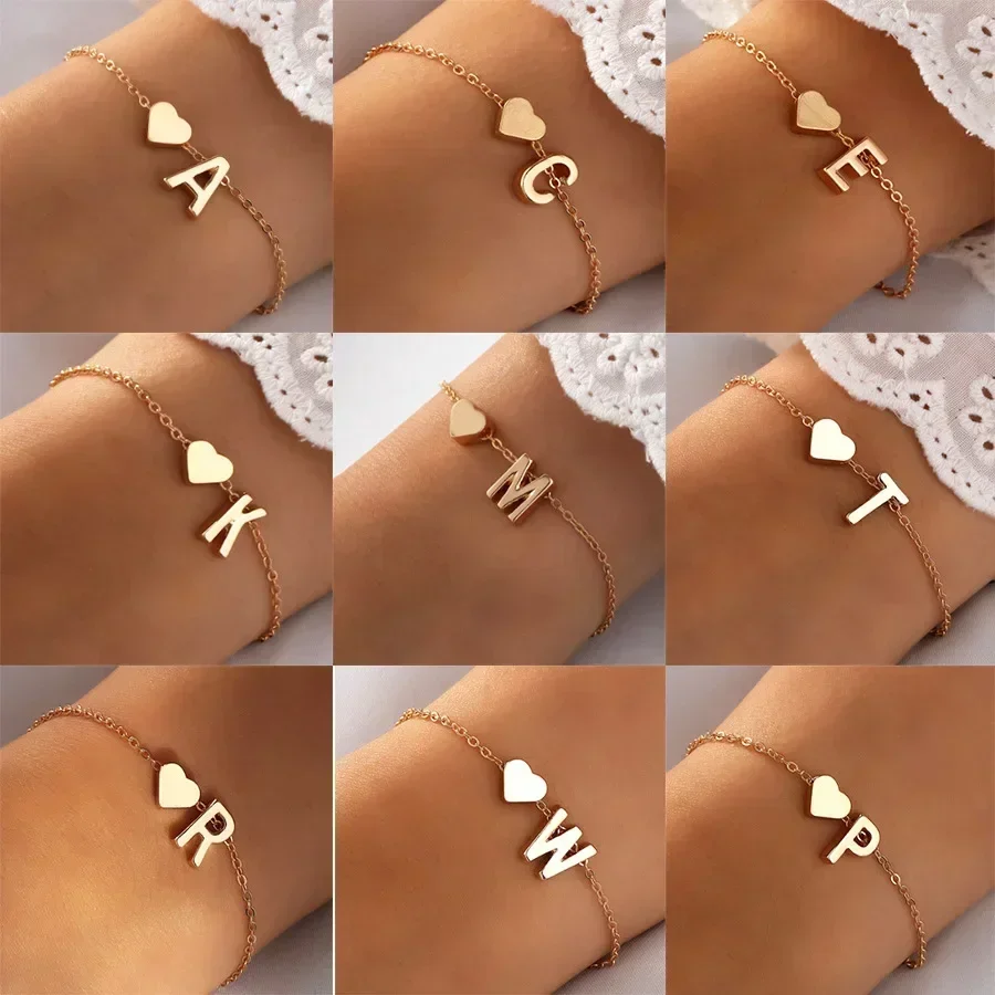 26 English Initial Letter Bracelets for Lovers Women Men DIY Personalized Name Alloy Heart-shaped Bracelets Jewelry Anniversary