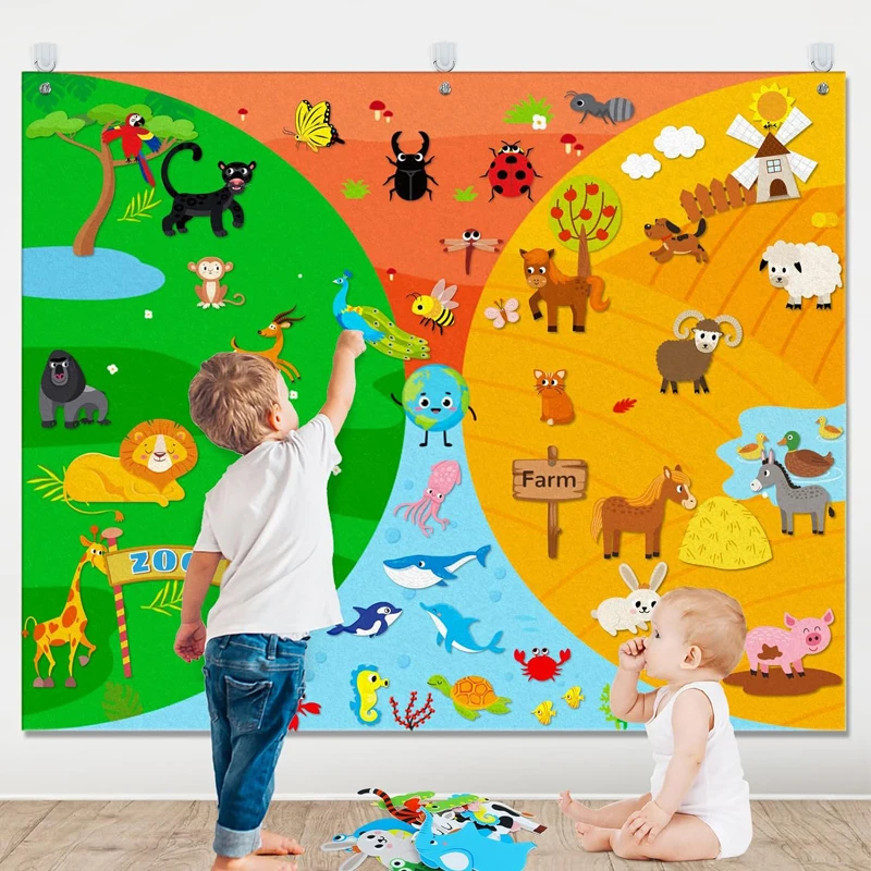 Farm Animals Felt Story Busy Board 4 IN 1 Themed Storytelling Farm Sea Zoo Vehicle Early Learning Interactive Wall Hanging Gifts