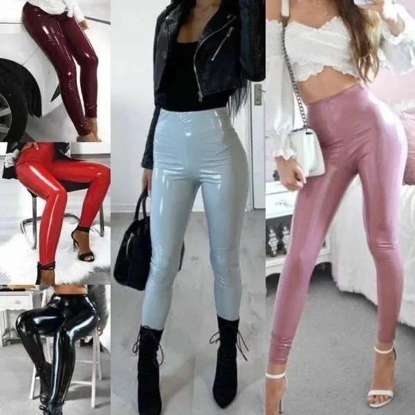 Glossy Black PU Leather Sexy High Waist Skinny Long Pants Female Party Club Leggings Plus Size Women Trousers