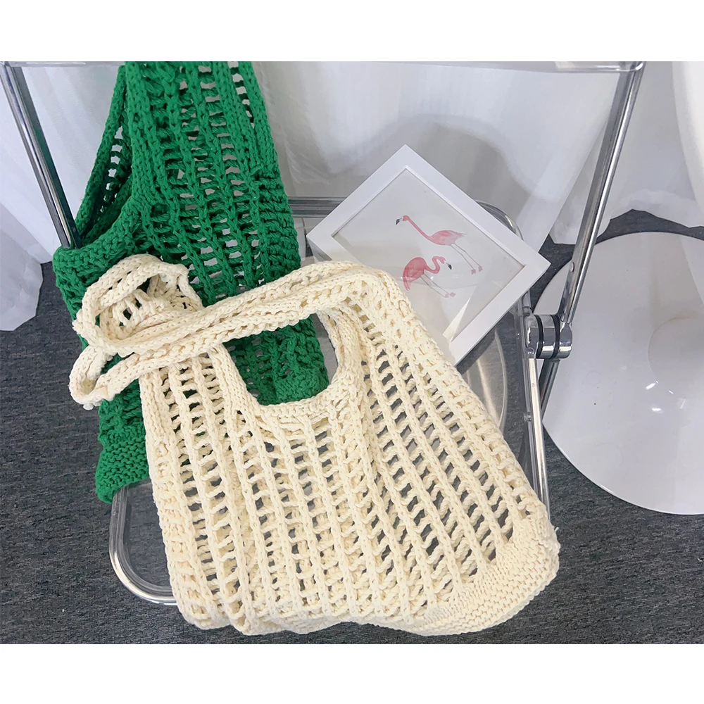Hollow Crochet Mesh Shoulder Bag Bohemian Knitting Beach Bags for Women Woolen Yarn Woven Handbag Fishing Net Shopper Tote Bag