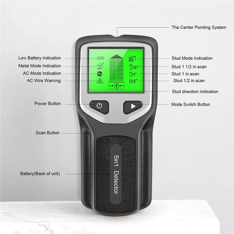 5-In-1 Studs Metal Detector Wall Scanner AC Wood Finder Cable Wires Depth Tracker Electric Box Finder Wall Detector Reusable B