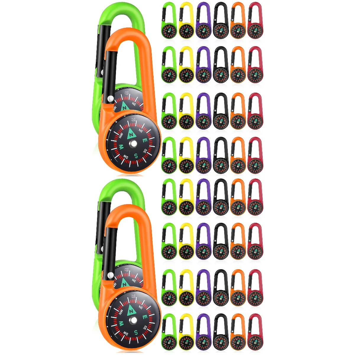 

48 Pcs Plastic Compass Guide Camping Carabiner Key Rings Climbing Gear Fob Clip-on Carabiners for Outdoor