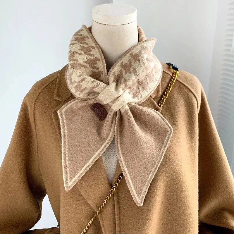Women Neck Scarf Warm Cashmere Neck Tie Scarf For Women Plaid Neckerchief Knitted Long Skinny Small Scarves Bandana Female