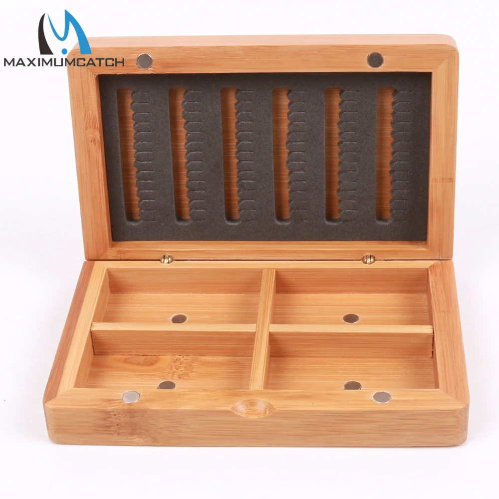 Maximumcatch Natural Wooden Bamboo Fly Box Magnet Compartment