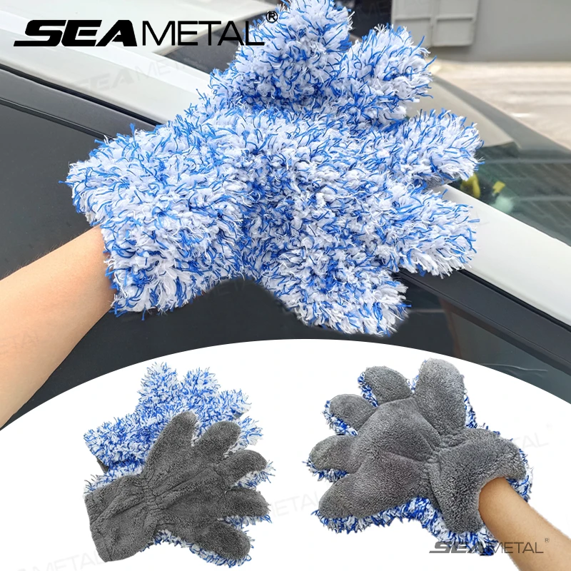 Microfiber Car Mitt SEAMETAL Plush Car Wash Gloves Microfiber Thicked Cleaning Mitt Double-sided 5 Finger Soft Car Washing Glove