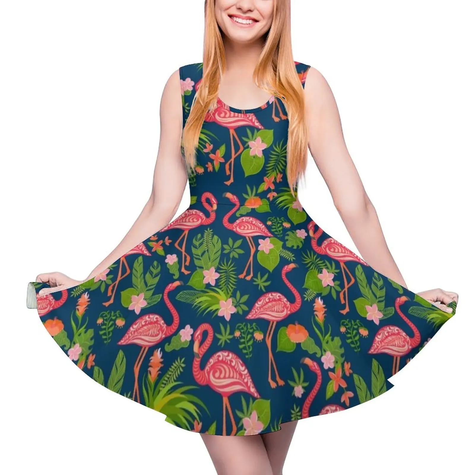 

Decorative seamless pattern with flamingo, tropical flowers and leaves. Round Neck Dress summer dresses women 2024
