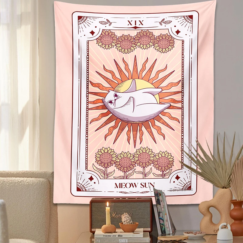 Cute Cat Tarot Tapestry Wall Hanging psychedelic decoration Witchy Boho sun moon Star Tapestries Living Room Kids Room Bedroom tapestry decorations