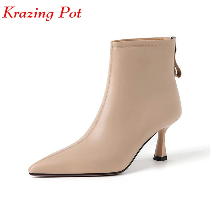 

Krazing Pot Cow Leather Gladiator Pointed Toe Winter Warm Modern Boots Thin High Heels Beauty Lady Zipper Wedding Ankle Boots