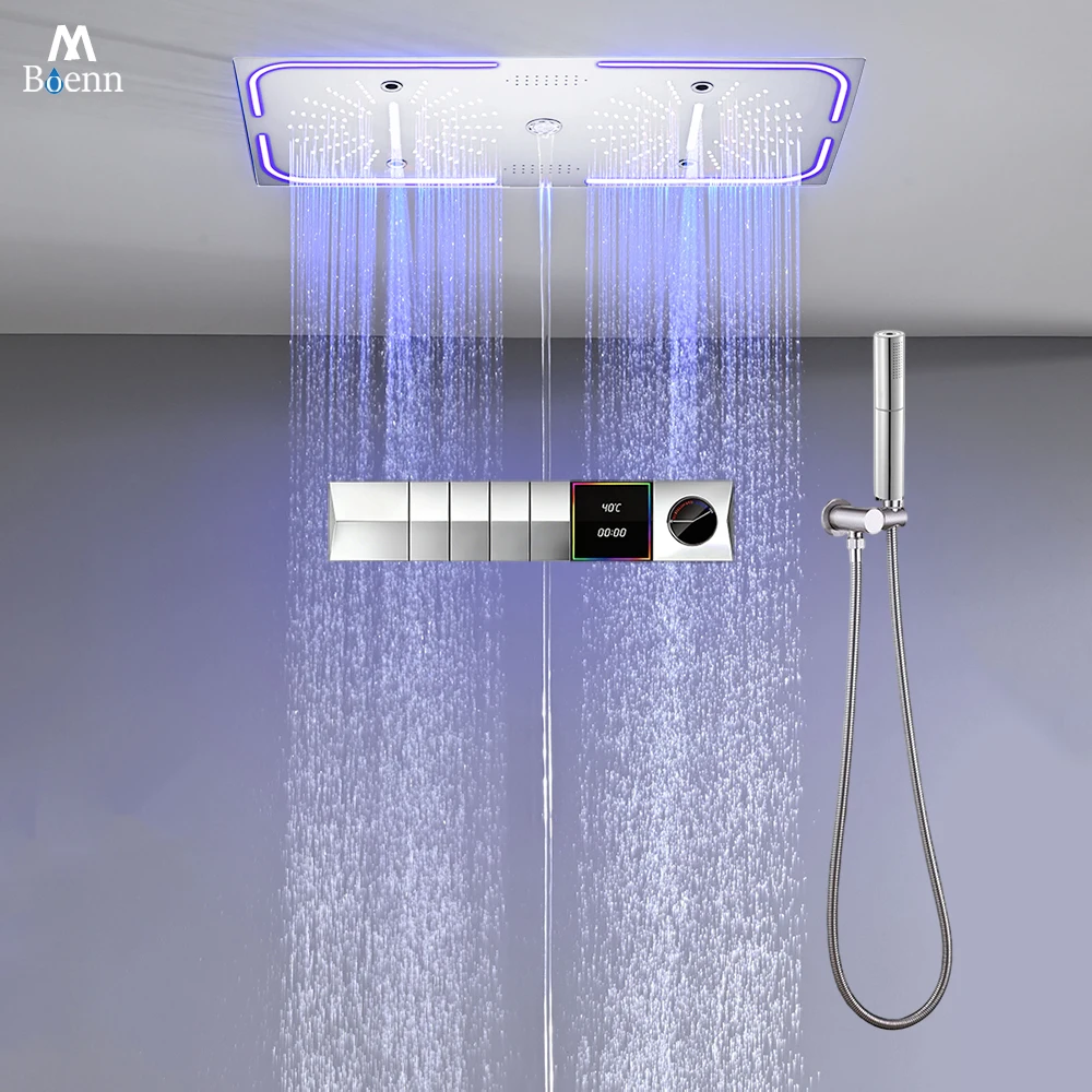 ชุดฝักบัว LED 4 ฟังก์ชั่น M Boenn พร้อมหน้าจอดิจิตอลอัจฉริยะ วาล์วควบคุมอุณหภูมิแบบเทอร์โมสตัท ฝักบัวติดเพดานห้องน้ำ ขนาด 700*350 มม. หัวฝักบัว LED 1