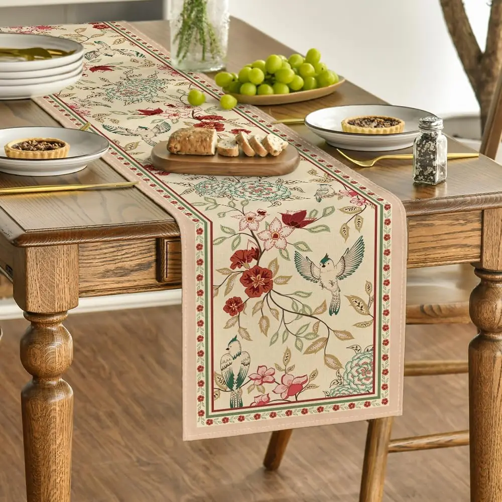 Floral Birds Linen Table Runner 3