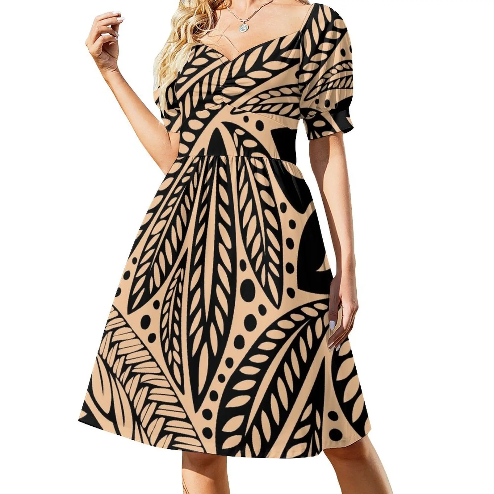 Vestido de manga corta para mujer, color piel clara, estilo retro, con diseño de tatuaje floral tribal polinesio hawaiano, vestidos largos.