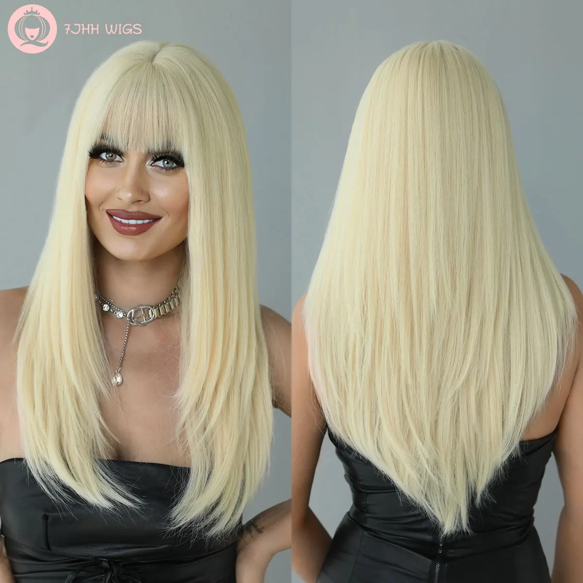 

7JHHWIGS Platinum Blonde Wig with Bangs for Women, Heat Resistant Synthetic Long Layered Wig 24 Inches for Daily