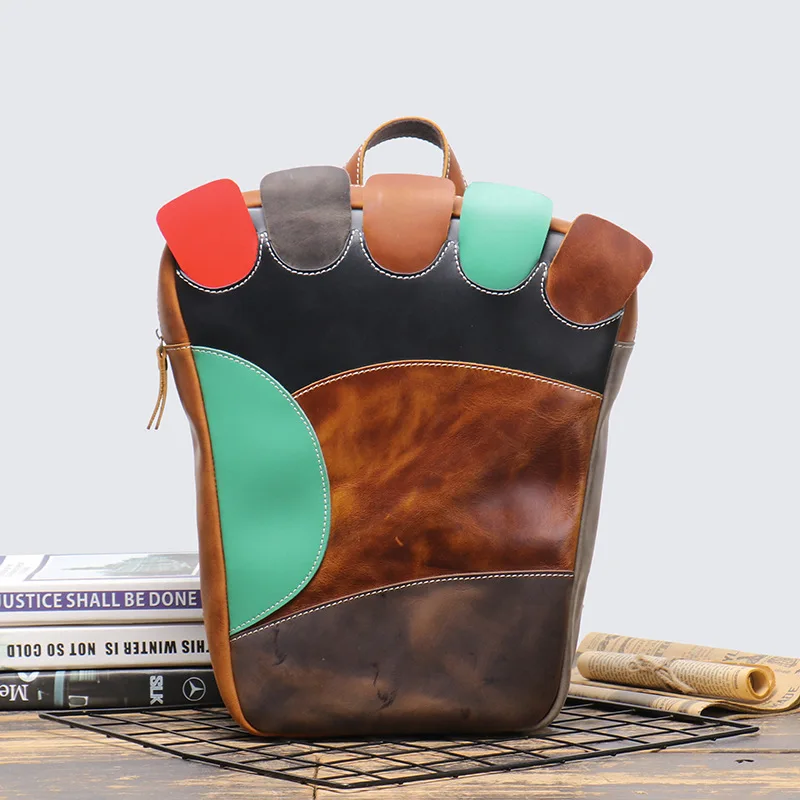 Vintage Men's Leather Backpack Crazy Horse Leather Color Blocking Large Capacity Laptop Bag