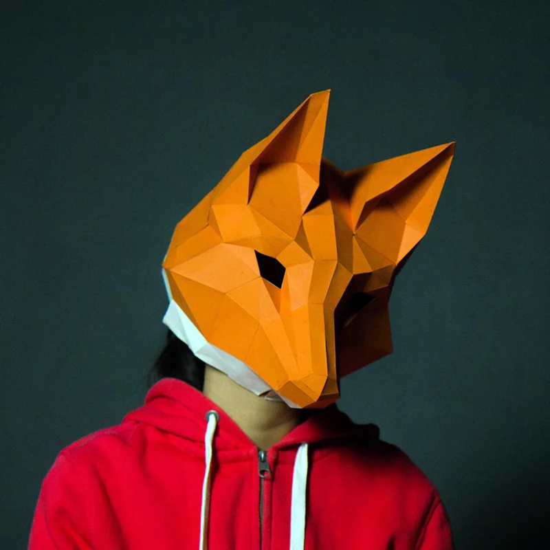 Wearable Fox Head Cover Paper Model Mask Animal Cosplay 3D DIY Papercraft Origami Headgear Halloween Masked Ball Prom Party Gift