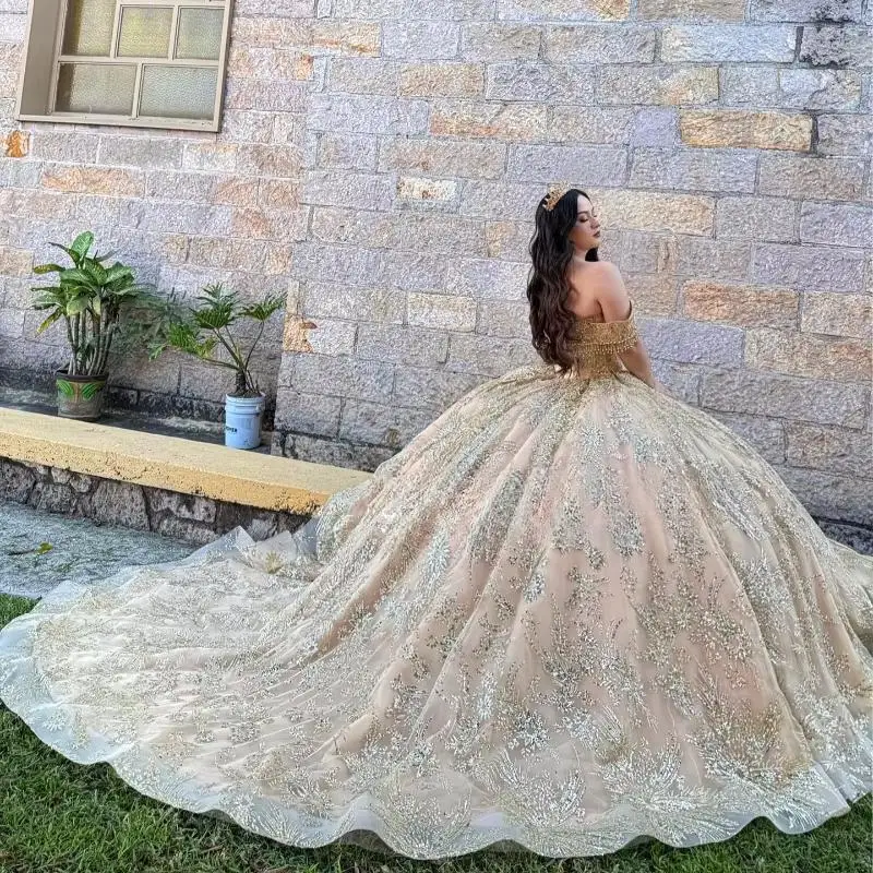 Champagne Shiny Ball Gown Quinceanera Dresses Sequin Gold Appliques Lace Beads Crystal Tull Vestidos 15 De XV A&ntilde;os Sweet 16