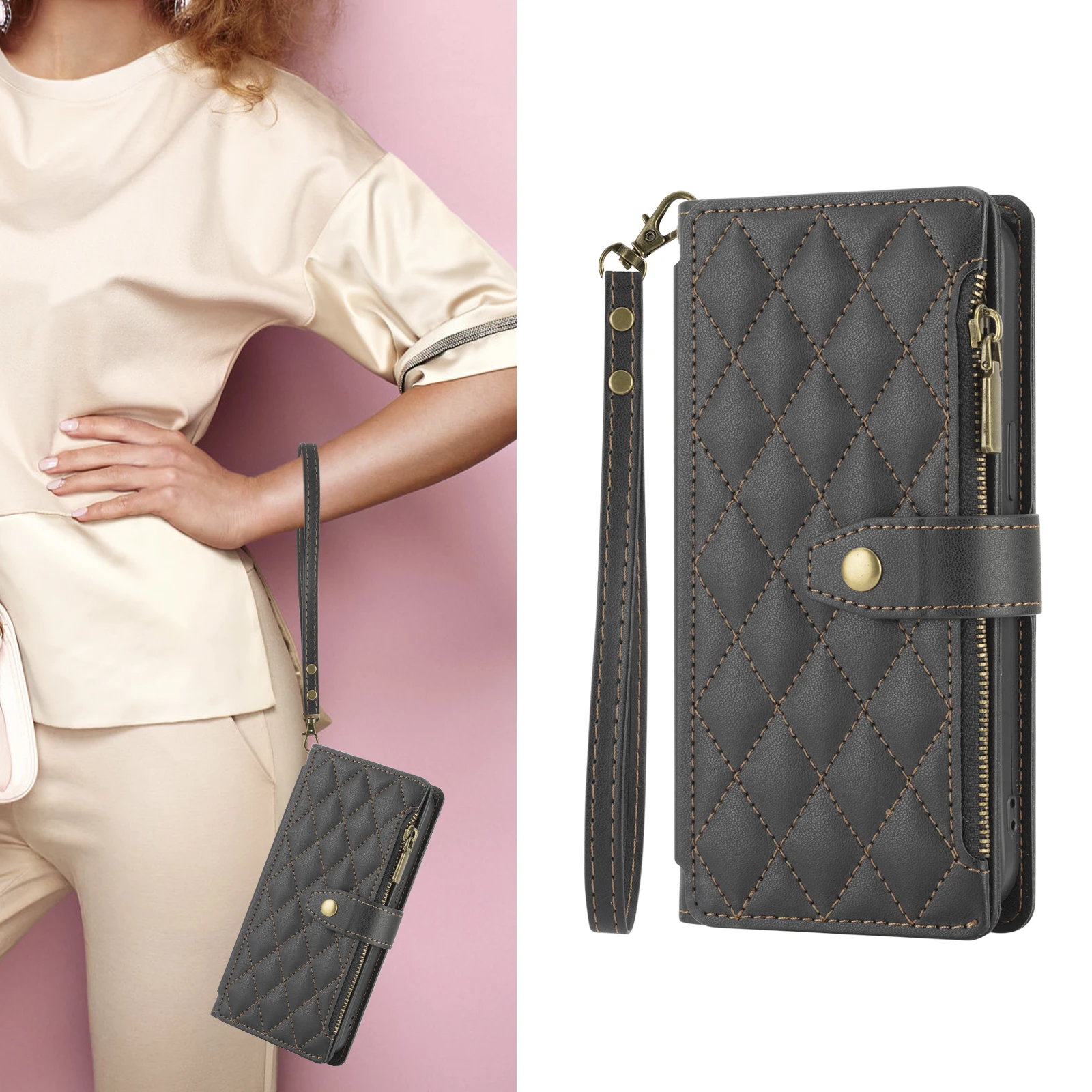 Premium Faux Leather Wallet Phone Case with Card Holder, Wrist Strap, and Zipper Coin Pocket