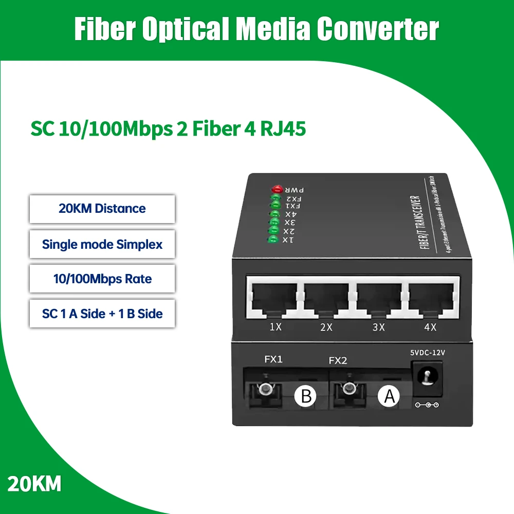 1개 4 RJ45 2 SC 광섬유 포트 광섬유 미디어 컨버터 1310nm/1550nm 20km 광섬유 미디어 컨버터(전원 공급 장치 포함..