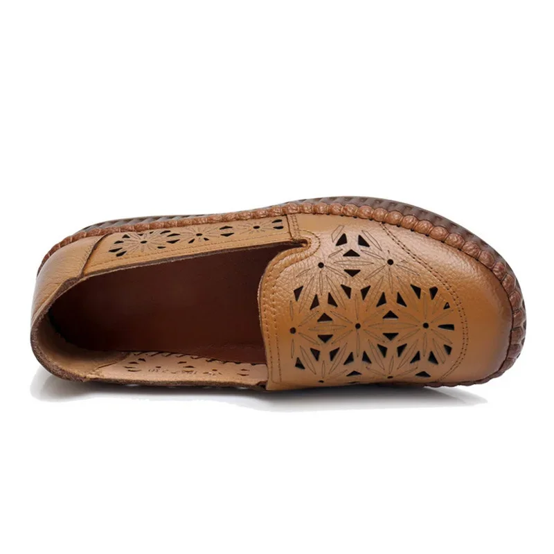 TIMETANG Fit Wide Foot Handmade Genuine Leather Flat Shoes Women Summer Shoes Lady Loafers Breathable Soft Hollow Female Shoes 5