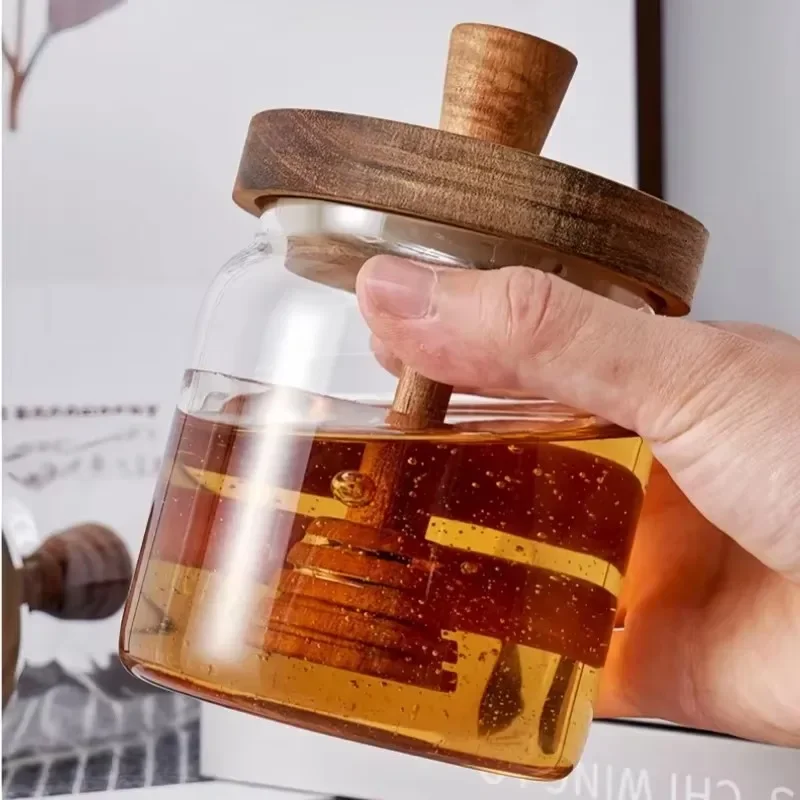 Honey Storage Jar with Wooden Lid, Glass Honey Dispenser Pot Built-in Stirrer for Storing Jam, Kitchen Food Storage Container 4