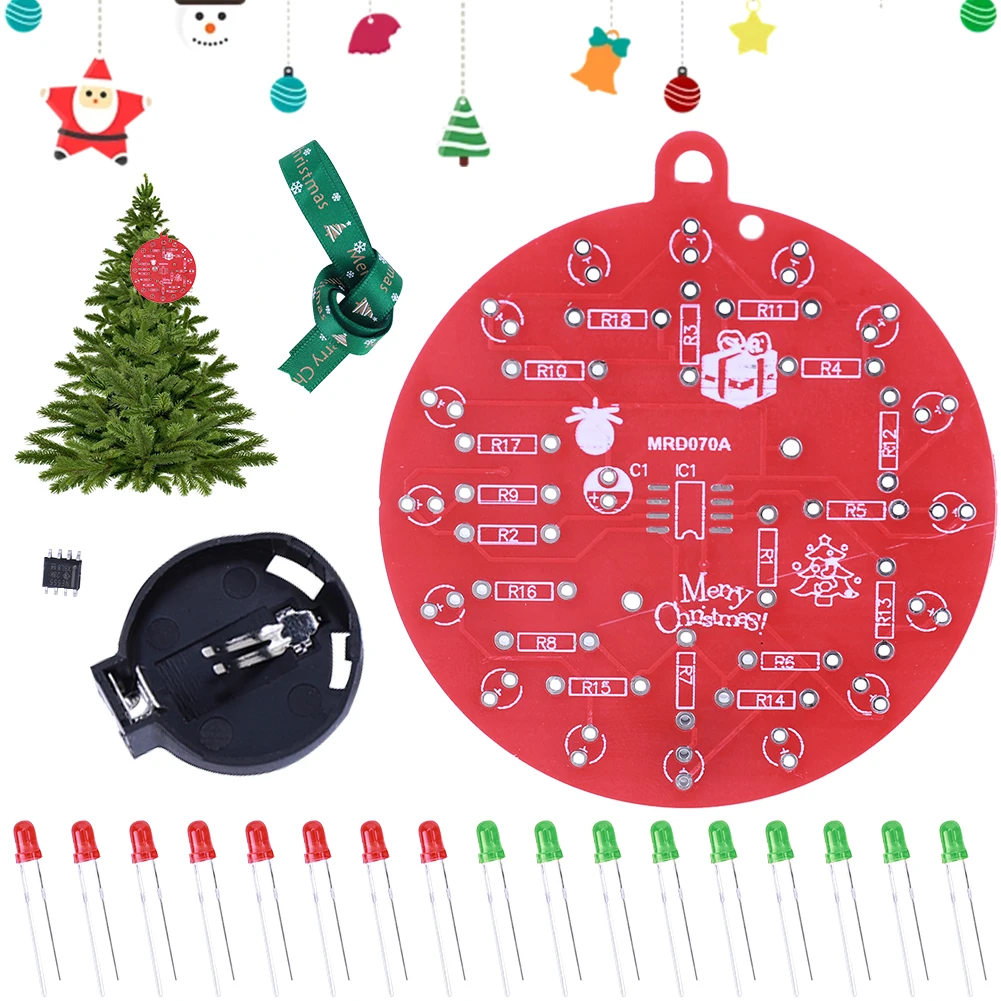 NE555 PCB Crcuit Ornaments Soldering Kit Red & Green LED Light Christmas Tree Soldering Kit for STEM Educational Valentine Day