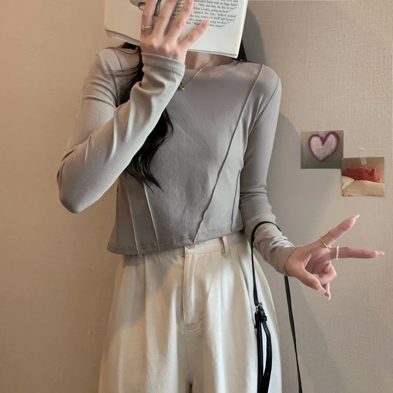 

Зимняя ФЛИСОВАЯ ФУТБОЛКА Y2K, Женский Модный облегающий кроп-топ с длинным рукавом в Корейском стиле, Женская Винтажная футболка в стиле Kpop с пэчворком, одежда