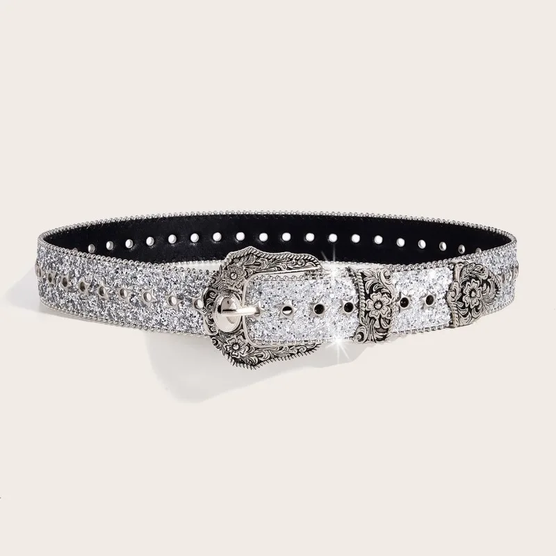 Black Subculture Women's Belt | American Retro Ins Style Star Sparkly Decor, Fashionable Accessory for Dresses &  Pants