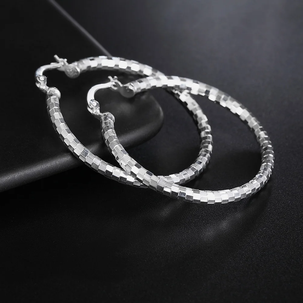Hot 925 Sterling Silver Earrings for Women Jewelry Sweet Romantic Lattice Pattern 4CM Big Circle Hoop  Wedding Gift