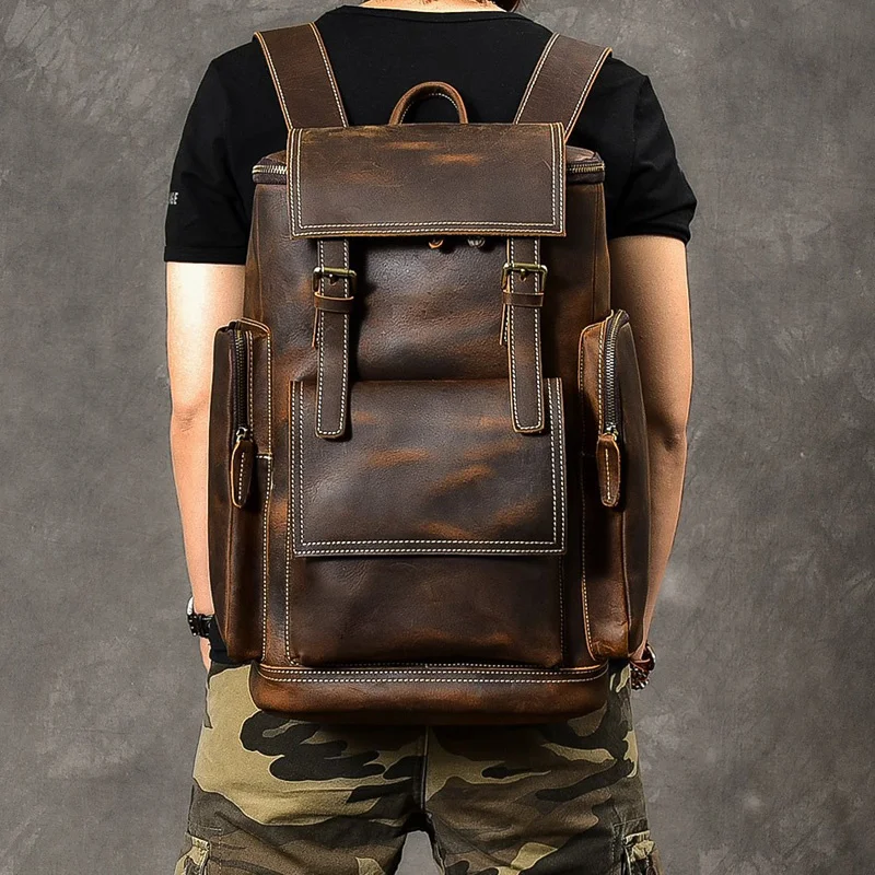 

Vintage Crazy Horse Genuine Leather Backpack Men Bagpack Climbing Rucksack male Large Hiking M814