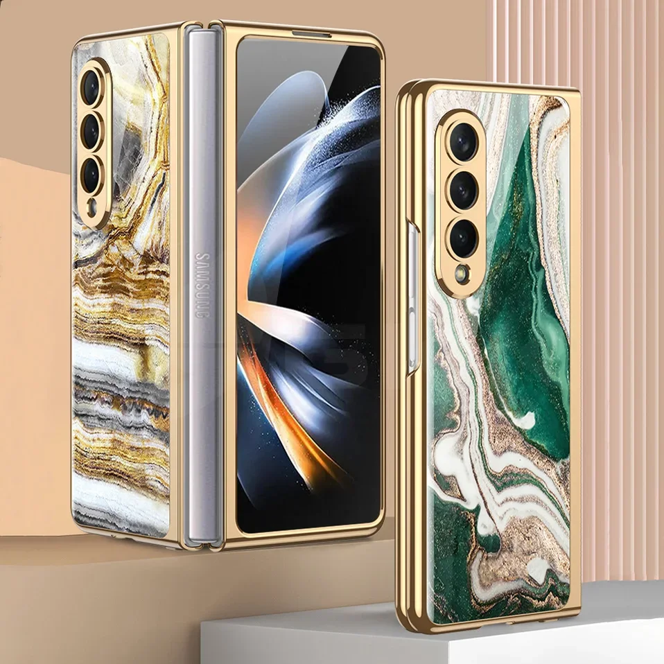 Luxury Plating Frame Case For Samsung Galaxy Z Fold 4 5G Painted Pattern Tempere