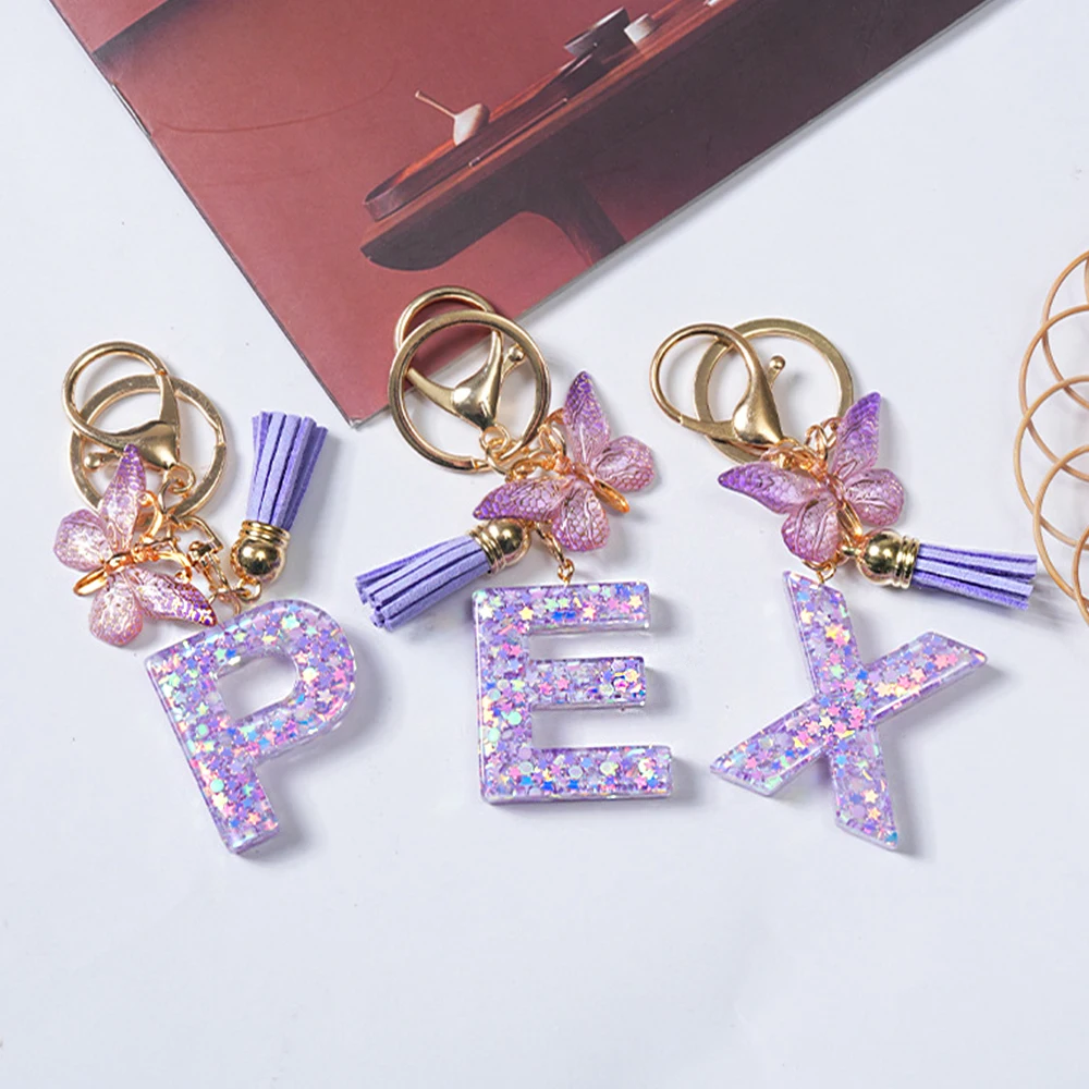 Portachiavi Auto Donna A Cuore Con Farfalla E Nappa, Colori Rosa E Viola, Regalo Simpatico