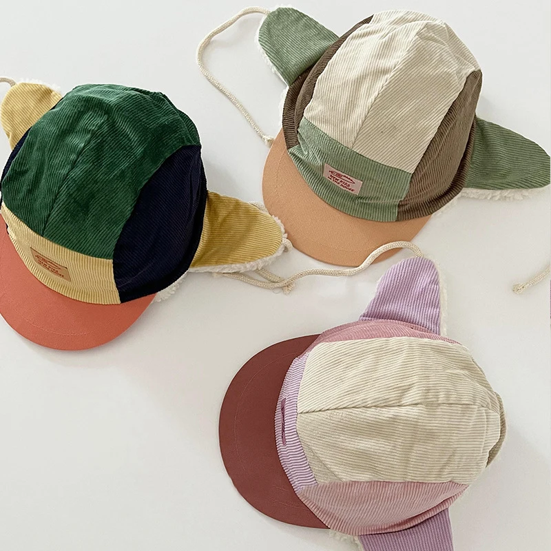 Winter Warm Corduroy Earflap Hat Color Block Patchwork Lei Feng Cap for Boys and Girls Cold Weather Protection 2