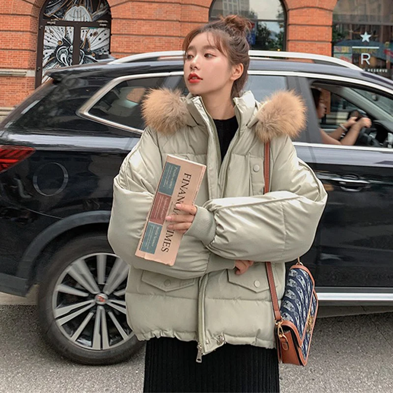 

Женская короткая куртка с меховым воротником и капюшоном, свободная теплая зимняя куртка с хлопковой подкладкой, новинка 2023