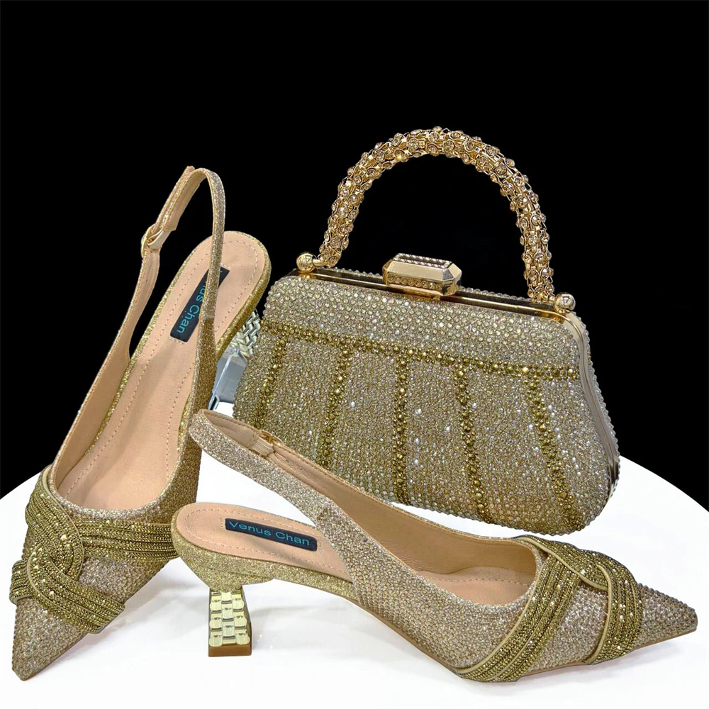 

Fashion Golden Crystal Noble Decoration Style Italian Design Latest Elegant Party Queen Shoes Bag Leopard Pattern Buckle