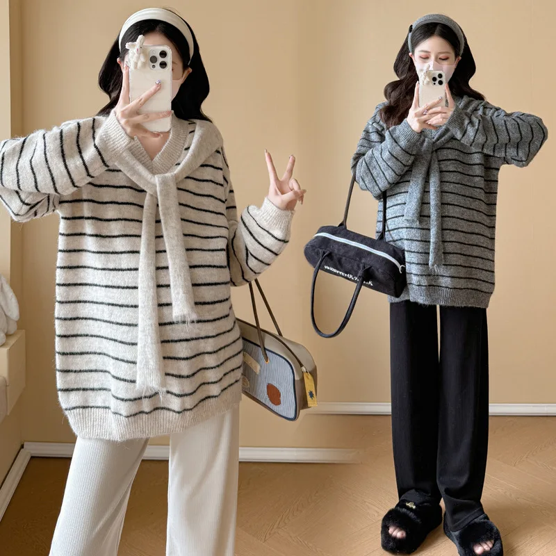 임산부 가을 겨울 루즈핏 캐주얼 슬림핏 V넥 숄 스트라이프 스웨터와 와이드 팬츠 세트