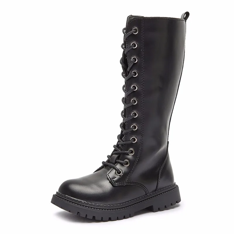 Kids'Boots 솔리드 컬러 PU 가죽 패션 봄 무릎 높이 부츠 소녀용 미끄럼 방지 통기성 블랙 화이트 신발 사이즈 27-37