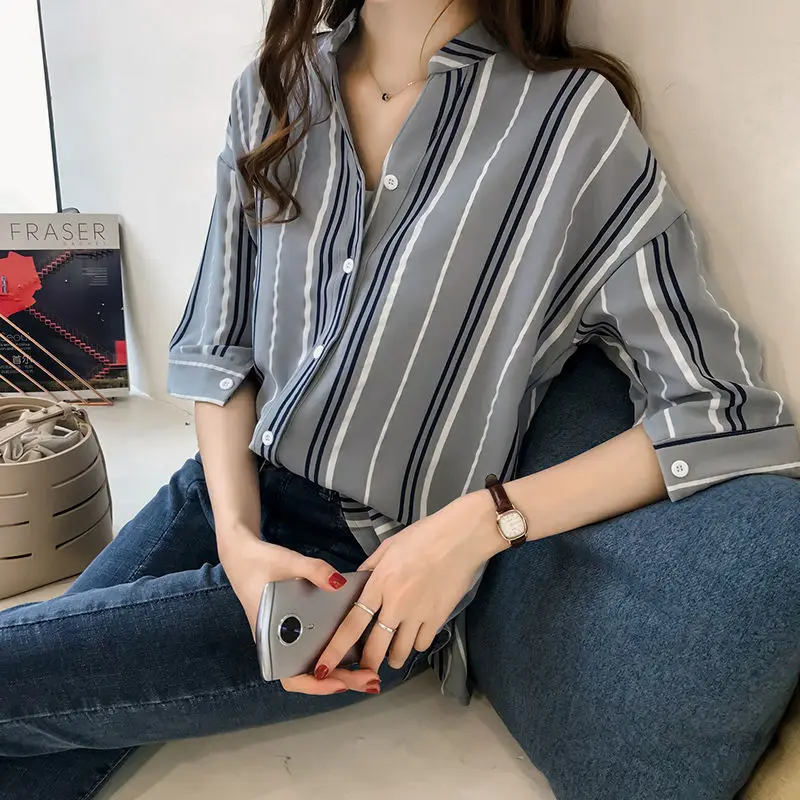 Summer Female Clothing Half Sleeve Round Neck Chiffon Striped Shirts Preppy Style Single-breasted Women's Blouses New Oversize