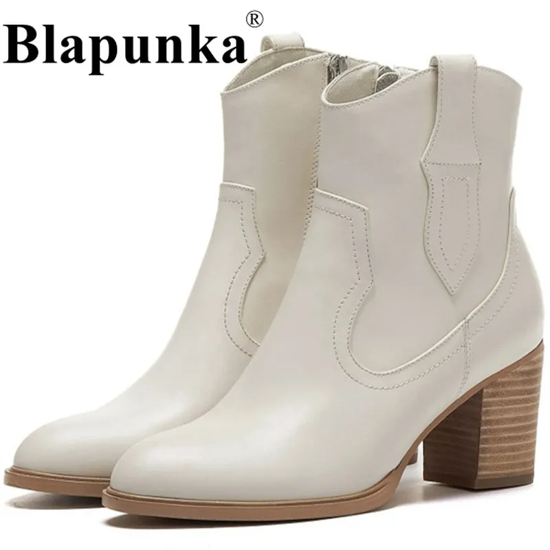 

Blapunka Women Real Genuine Leather Boots Chunky Wooden Heels Round Toe Cowboy Western Boots Cowgirl Shoes Woman Beige Black New