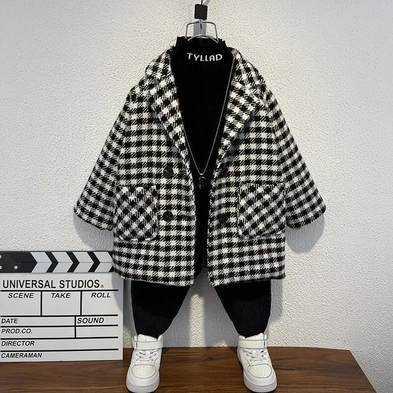 

Children's Winter Boys Coat Woolen Jacket for Kids Clothes Long Thickening Turn Collar Parka Boy Plaid Coats for Chlidren