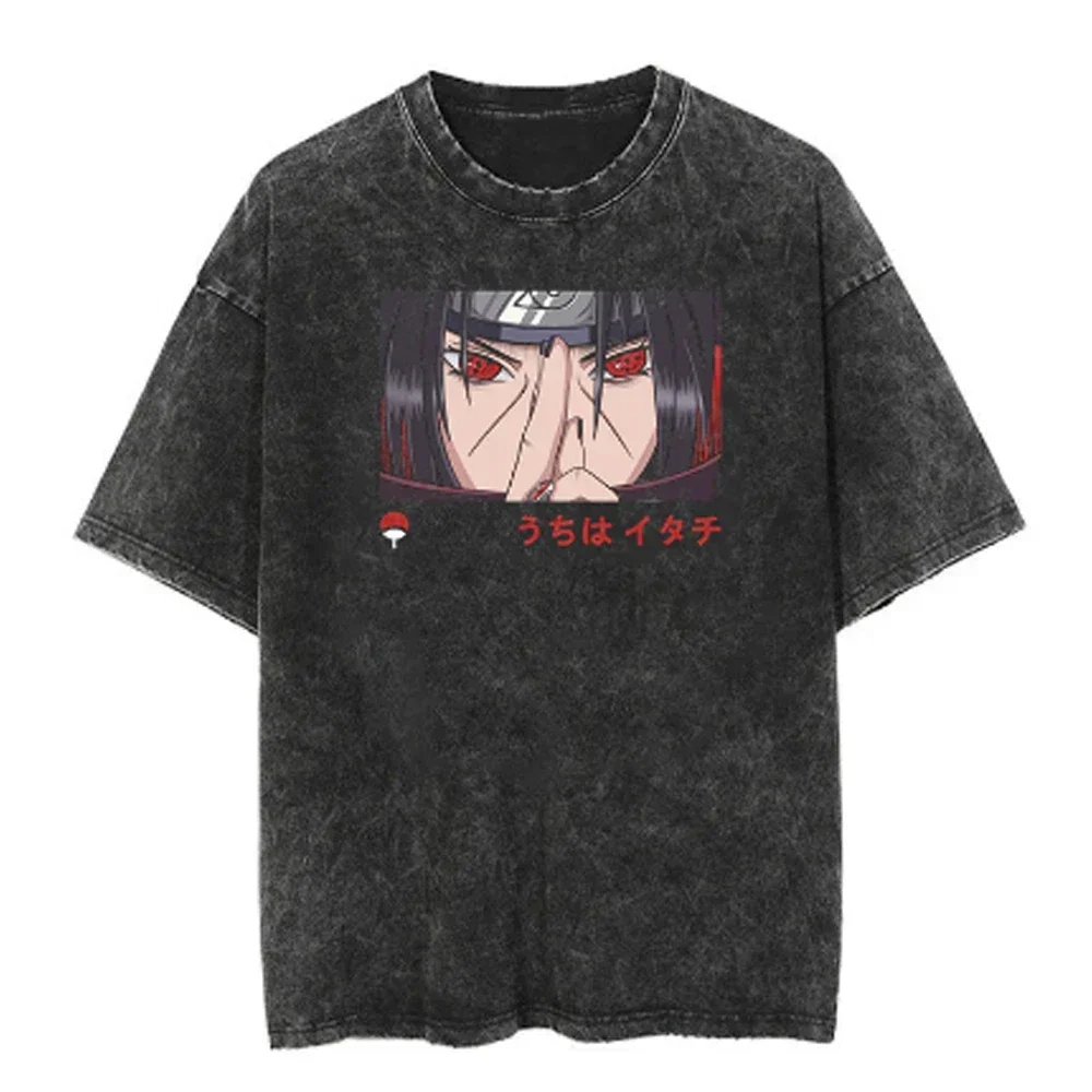 Men Streetwear Tshirt Japanese Naruto Anime Graphic T-Shirt Cotton Harajuku Washed T Shirt Summer Hip Hop Tops Tees Black