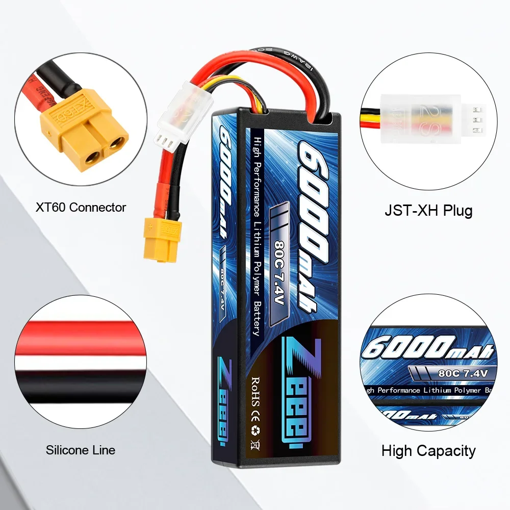 Batterie LiPo 2S 50C 5200mHa avec connecteur T, adaptée pour voiture RC, drone ou hélicoptère