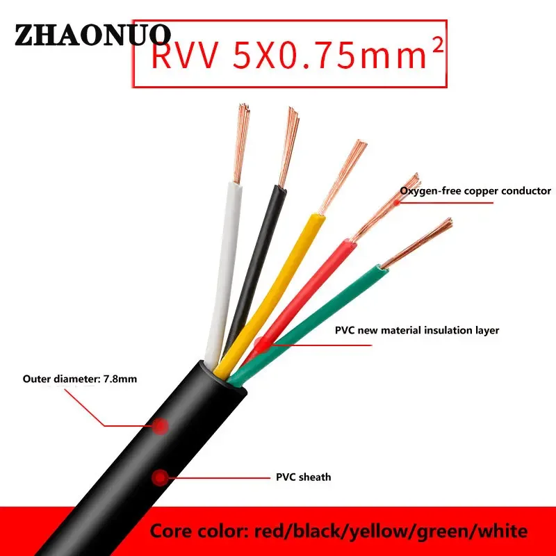 5 Metri 2-6 Core 0.3 0.5 0.75Mm Rvv Rame Core Segnale Di Controllo Guaina Del Cavo Cavi Elettrici Ignifughi