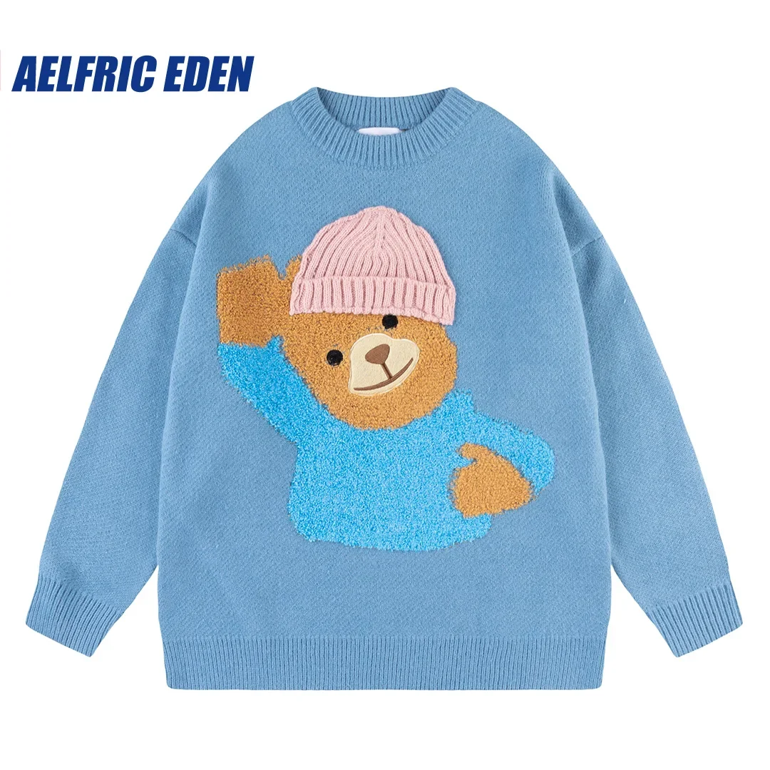 

2023 Autumn Winter Japanese Harajuku Vintage Sweater Men Cartoon Bear Loose Knitted Sweater Hip Hop Streetwear Knitwear Pullover