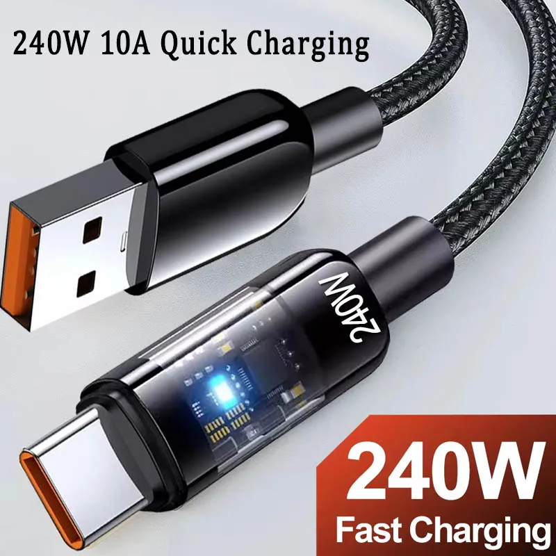 240W 10A 빠른 충전 USB C 케이블 나일론 투명 타입 C 고속 충전기 와이..