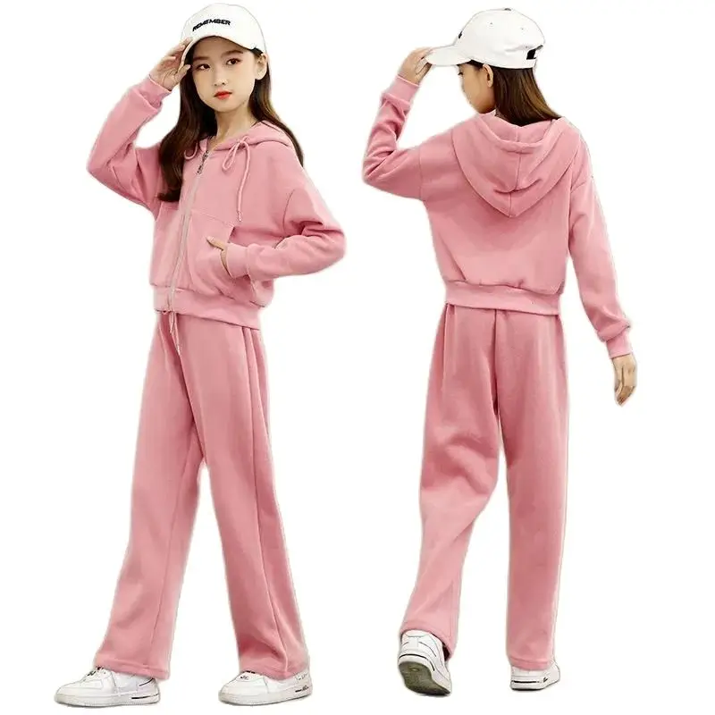 

Girls Autumn Tracksuit Junior Kids Zipper Hoodie+Pants 2Pcs Outfits Children Solid Color Sport Top Trousers Teen Kids Loungewear