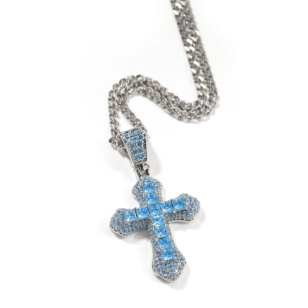 

New Blue Zircon Cross Necklace Hip-hop Fashion Heavy Industry Diamond Set Versatile Sweater Chain