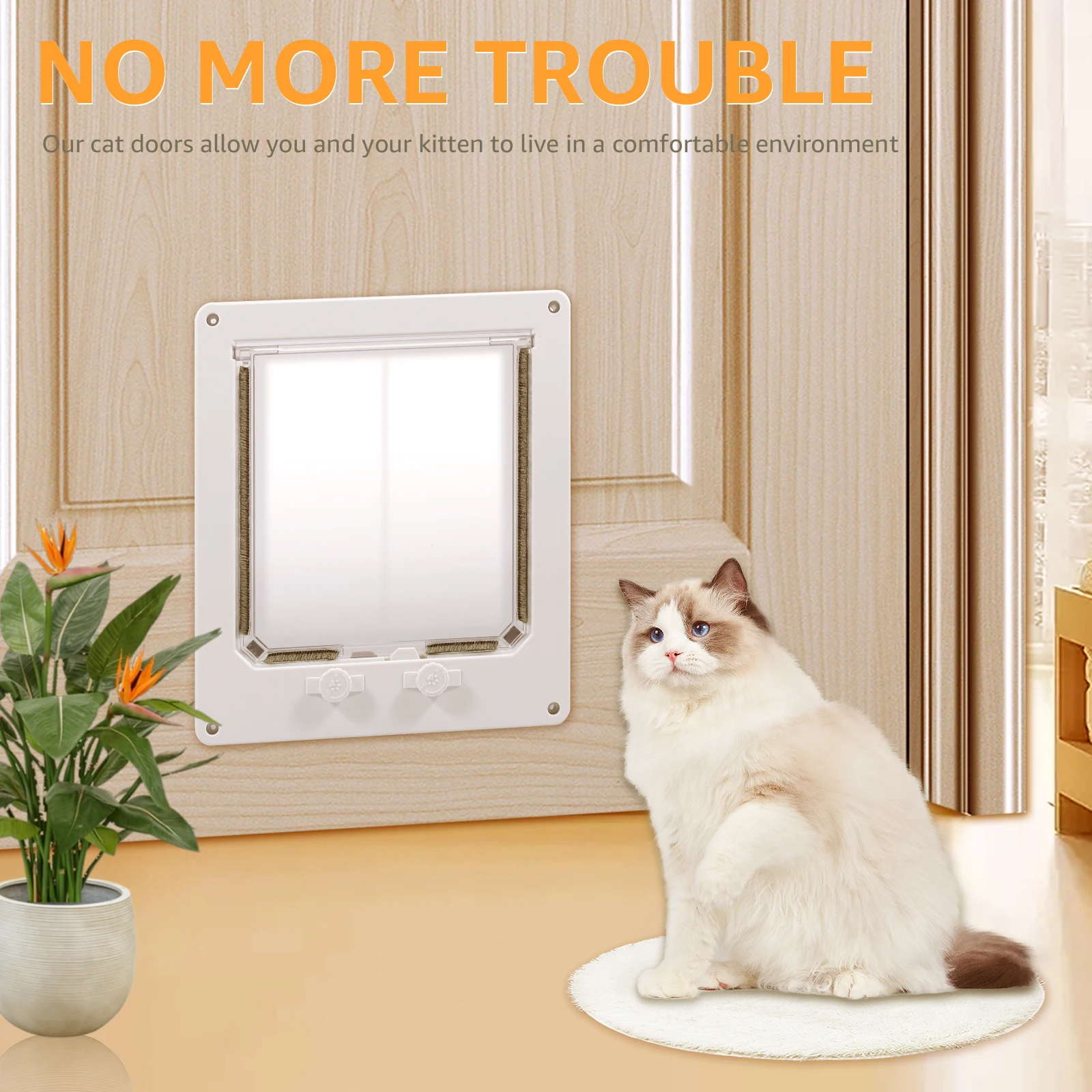 M/L Flap Cat Door Interior Door White Plastic Pet Door with Flap and 4 Way Locking Cat Puppy Safety Gate Pet Supplies Accessory