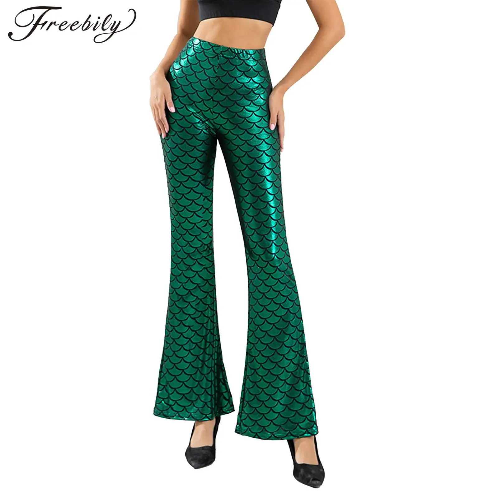 

Womens Fashion Fish Scale Printed Flared Pants Metallic High Waist Elastic Waistband Bell-Bottomed Trousers Role Play Clubwear