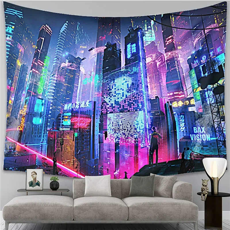 Cyberpunk Neo Futuristic Poster Tapestry Psychedelic Fantasy City Cyberspace Neon Good Vibes Only Art Game Room Kids Bedroom